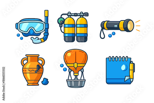 Set of colorful diving and adventure icons