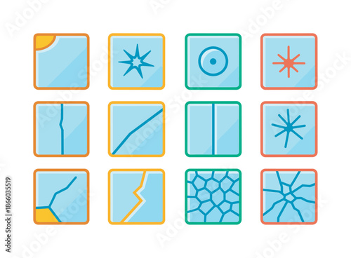 Colorful Glass Damage Icons. Glass damage. Colorful flat vector icons set of glass damage: chipped edge, star crack, bullseye crack, impact point, long