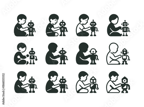 Holiday Toy Playtime. Kids playing with holiday toys from gifts. Icon set. Set Logo of kids playing with holiday toys from gifts: child playing with toy robot.