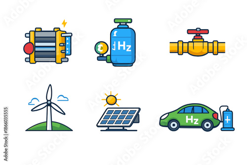 Renewable energy sources and hydrogen technology icons