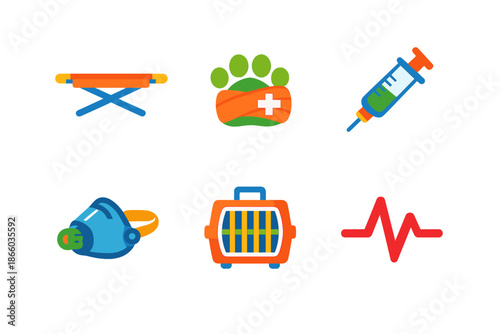 Collection of flat pet care icons with glowing neon effect