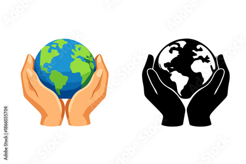 Hands holding the Earth, contrasting light and dark