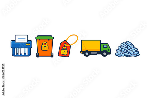 Set of icons related to shredding, disposal, and recycling