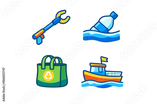 Set of cartoon icons for environmental protection and ocean cleanup