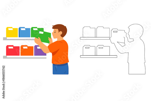 Man Organizing Colorful Folders on Shelves