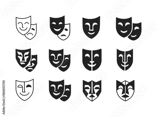 Theater Logo Variations. Theater performances. Icon set. Set Logo of theater performances: stylized performance emblem. harmonious logo variations of the same