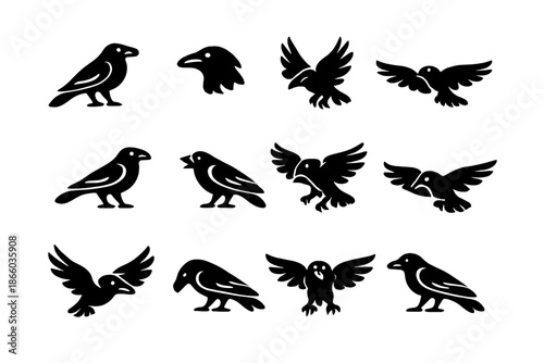 Collection of Black Crow Silhouettes with Glowing Eyes