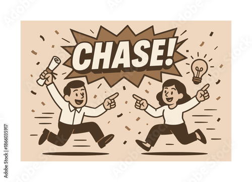 Dynamic Celebration Scene. Chase with action banner, flat vector illustration, bold oversized text inside comic burst banner, cartoon characters dancing and