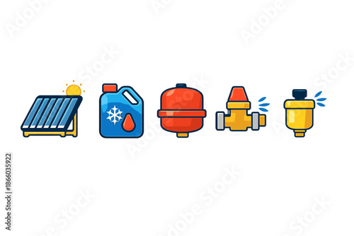Set of icons for solar thermal system components