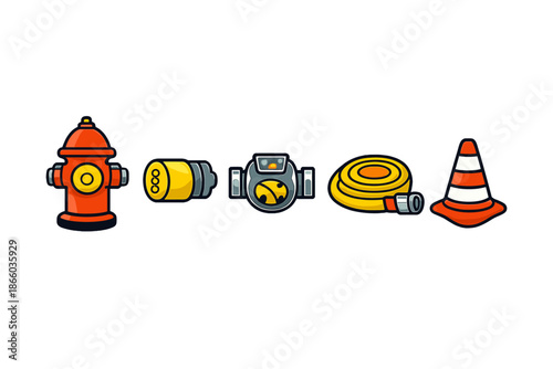 Firefighter Equipment Icons on Gray Background