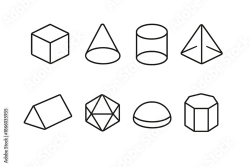 Set of geometric 3D shapes line art
