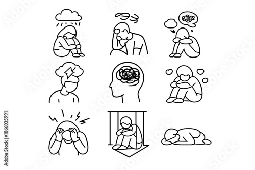 Set of icons depicting mental health struggles