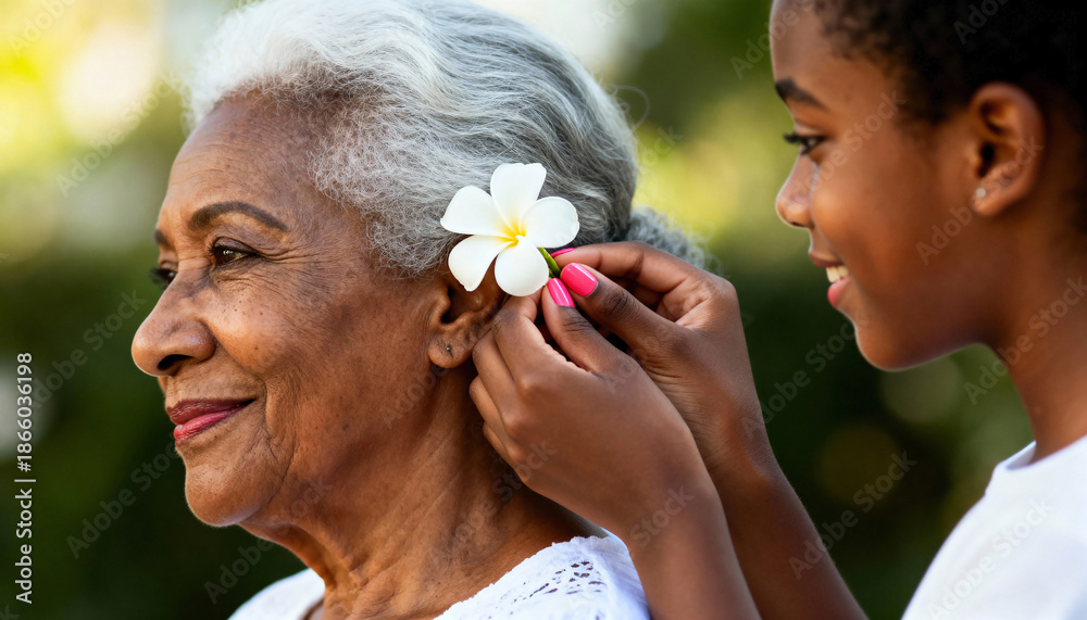 Obraz premium Young African American granddaughter puts a white flower in her grandmother's hair. Tender moment showing intergenerational family love and care. Senior woman and child bonding outdoors