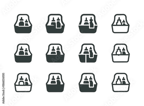 Fridge Organization Icons. Organizing fridge shelves. Icon set. Set Logo of organizing fridge shelves: condiment caddy. harmonious logo variations of the same