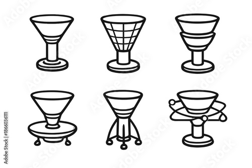 Six abstract cocktail glasses with unique stands