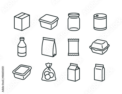 Minimalist Food Packaging Icons. Food packaging. Line icon set of Food packaging: carton box, plastic container, glass jar, tin can, bottle, snack pouch,