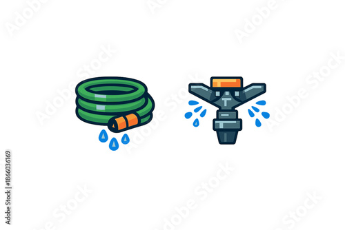 Garden Hose and Sprinkler Icons with Water Drops