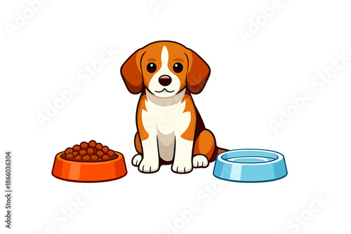 Cute cartoon beagle puppy sitting between food and water bowls