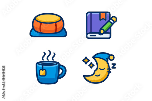 Cute Icon Set with Moon, Book, Tea and Drum