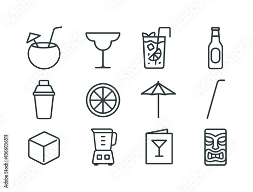 Beach Bar Icons. Beach bar drinks. Line icon set of Beach bar drinks: coconut drink, margarita glass, mojito glass, beer bottle, cocktail shaker, citrus slice,