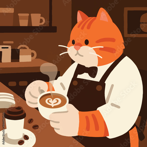 Illustration Of An Orange Cat Wearing A Barista Apron, Serving Coffee With Heart-Shaped Latte Art Vector Design Template
