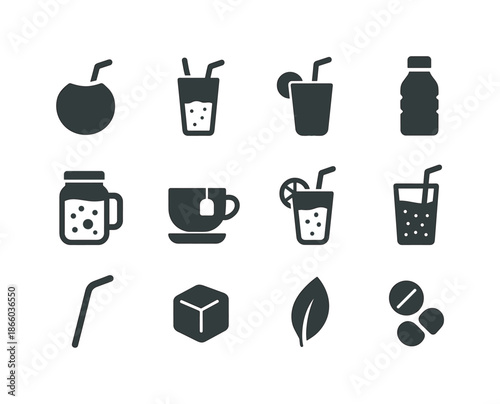 Healthy Drink Icons. Healthy drinks. Solid icon set of healthy drinks: coconut water, green smoothie, fruit juice, water bottle, detox drink, herbal tea,