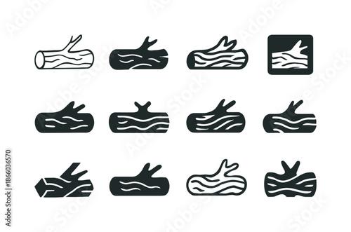 Driftwood Logo Variations. Driftwood. Icon set. Set Logo of driftwood: ocean-burnished log. harmonious logo variations of the same emblematic concept, each