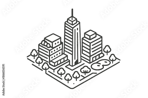 Isometric Cityscape with Buildings and Trees