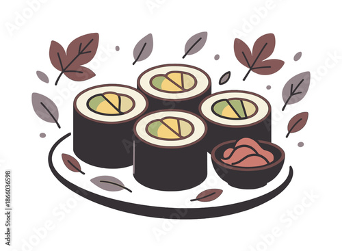 Colorful Vegetarian Sushi. Vegetarian sushi. Rolls filled with avocado, cucumber, and mango; leafy icons floating gently. Clean outlines emphasizing natural