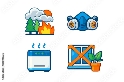 Four icons depicting safety measures during a wildfire