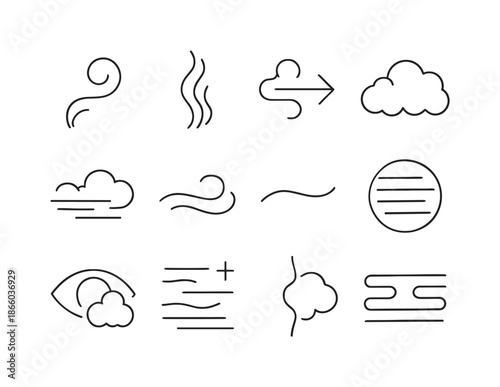 Smoke Icon Pattern. Smoke patterns. Line icon set of Smoke patterns: smoke curl, rising plume, drifting smoke arrow, dense cloud icon, low-lying smoke,