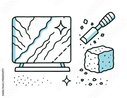Marble Slab Illustration. Marble Slab. Hand-drawn doodle illustration Marble Slab polished surface (accented #7dd9e7), vein patterns, chisel tool (accented