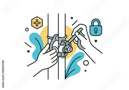 Tightening Scaffold Clamps. Securing joints. A close-up view of hands tightening scaffold clamps while geometric bolt and lock icons hover near. Modern