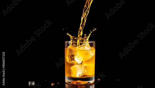Amber whiskey poured into a glass with ice cubes on a black background – A dynamic concept of a bar or an elite drink in studio lighting with a splash effect.