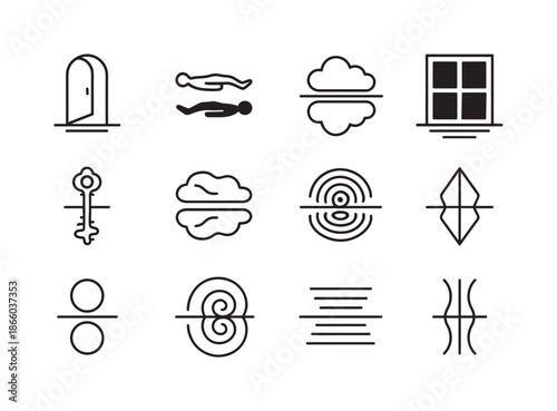 Mirrored Dream Icons. Mirrored dreams. Line icon set of mirrored dreams: dream doorway, floating silhouette, mirrored cloud, window to void, symbolic key,
