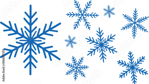 Blue snowflake collection, winter vector set, symmetrical ice crystals, seasonal design elements, cold weather symbols, nature-inspired frost artwork
