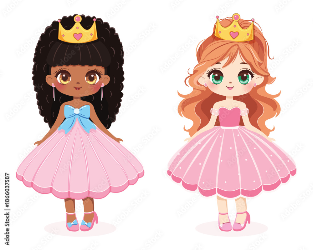 Fototapeta premium Cute little girl princess with different nationalities and beautiful eyes in dress and golden crown. Isolate on white background, Vector illustration in flat drawn cartoon style