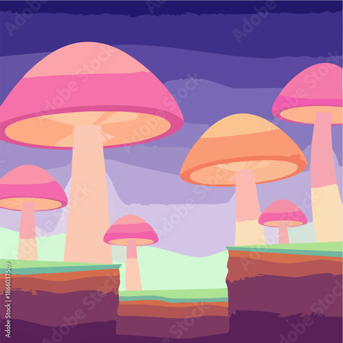Cute Fantasy Mushroom Landscape Vector Illustration Scene