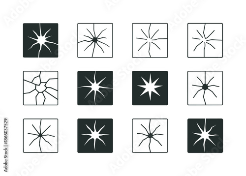 Cracked Windows Icon Set. Cracked windows. Icon set. Set Logo of cracked windows: central impact fracture. harmonious logo variations of the same emblematic