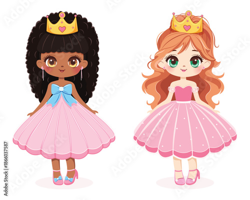 Cute little girl princess with different nationalities and beautiful eyes in dress and golden crown. Isolate on white background, Vector illustration in flat drawn cartoon style