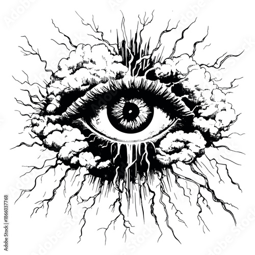 Mystical line art illustration of an all seeing eye depicting stormy clouds and radiating branches for esoteric design