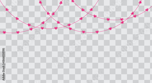 String of pink heart shaped lights garland border decoration for valentines day or romance