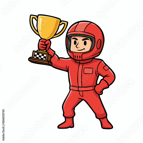 Racing Driver Celebrating Victory Holding Gold Winner Trophy