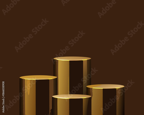 Golden cylindrical platforms on a dark brown background product display setup