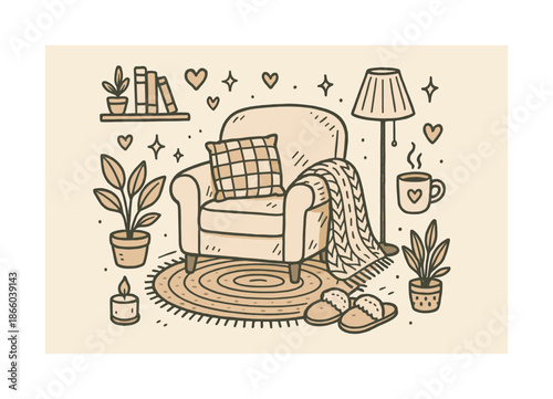 Cozy Hygge Retreat. Hygge style. Hand-drawn doodle illustration Hygge style armchair, candle, mug, slippers, blanket, rug, plants, shelf, books, lamp, heart