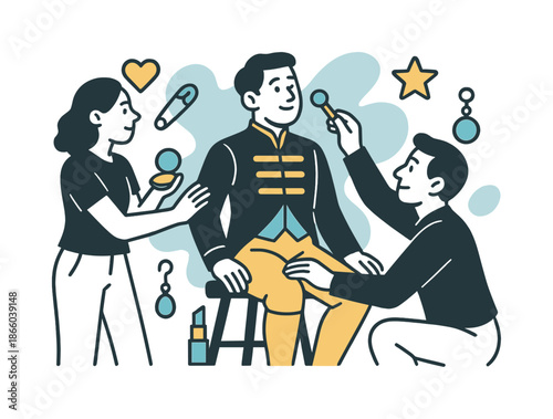 Stylist in Action. Makeup and wardrobe. A stylist fixes an actor?s costume while another applies makeup; soft accessory icons float around. Modern flat-line