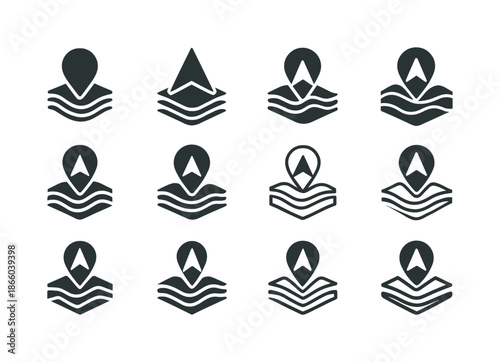 Explorer Logo Variations. Travel and geography sections for explorers. Icon set. Set Logo of Travel and geography sections for explorers: navigation arrow over