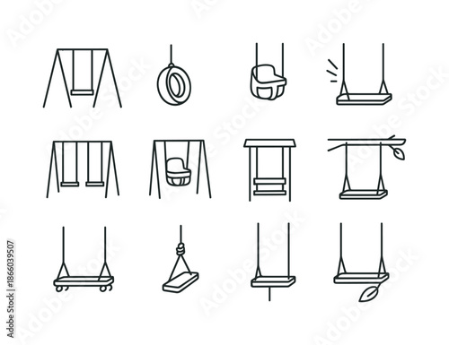 Playground Swing Icons. Playground swings. Line icon set of playground swings: A-frame swing set, tire swing, toddler bucket swing, rope swing icon, swing