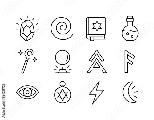 Magical Icon Set. Tales of giants ? Magical Elements. Line icon set of Tales of giants ? Magical Elements: glowing stone, magic swirl, spellbook, potion flask,