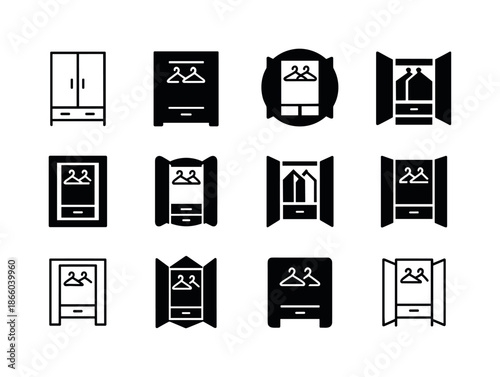 Modern Wardrobe Icons. Open closet. Icon set. Set Logo of Open closet: tidy modern wardrobe. harmonious logo variations of the same emblematic concept, each